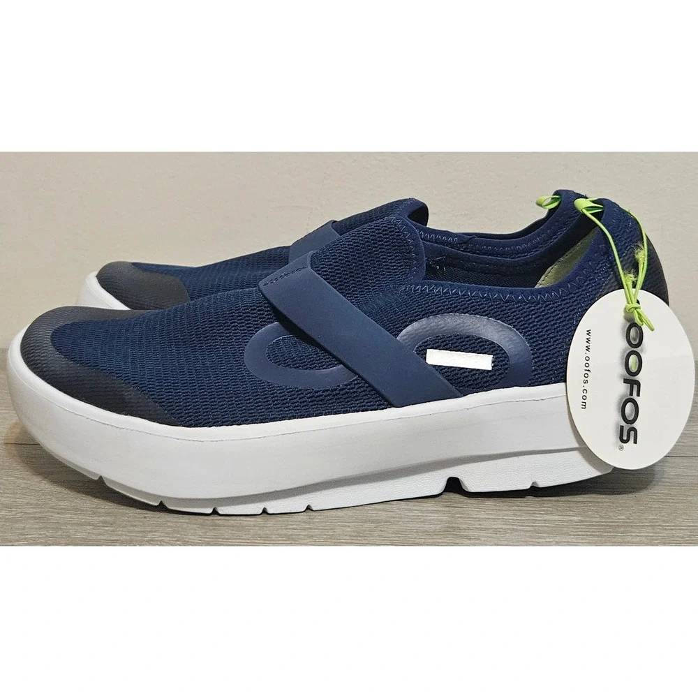 OOFOS OOmg Low Mesh Recovery Shoe Comfort Slip On White Navy‎ Mens Size 10.5 NWT